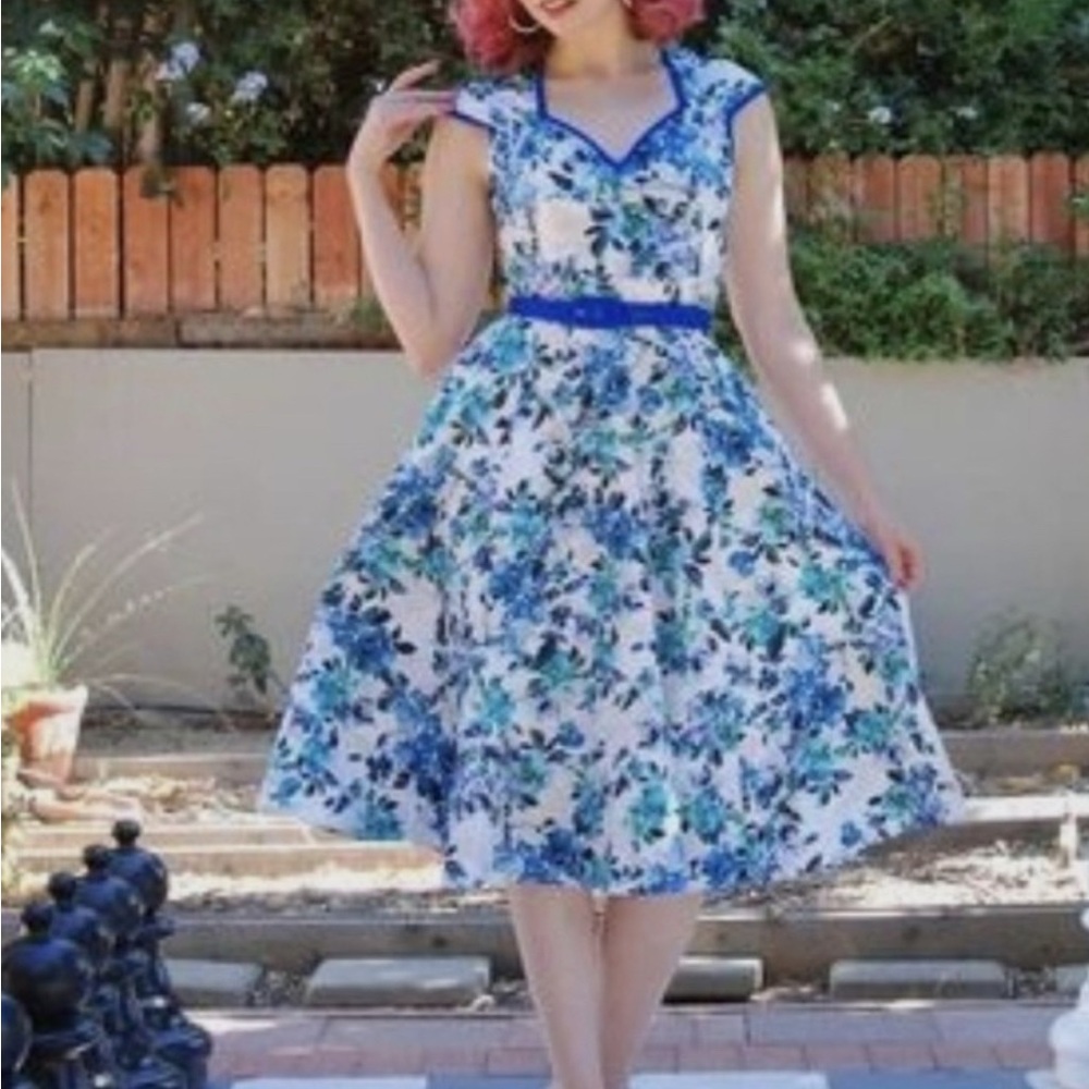 Pinupgirl Pinup Floral Blue and White Heidi Vintage retro Swing Dress